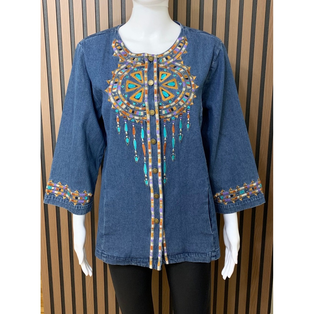 Bob Mackie Wearable Art Denim Jacket Embroidered Sunburst Blue Jean Top L